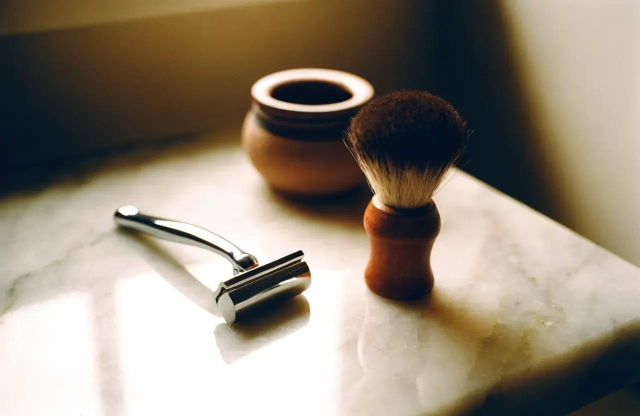 A safety razor, shaving brush and ceramic jar on a marble counter